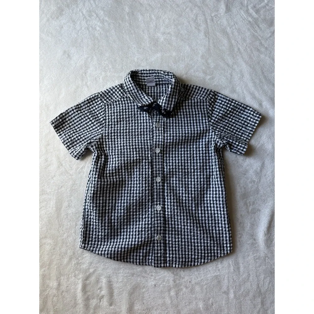 Old Navy 4T Black & White Gingham Shortsleeve Button Up Shirt Floral Bow Tie